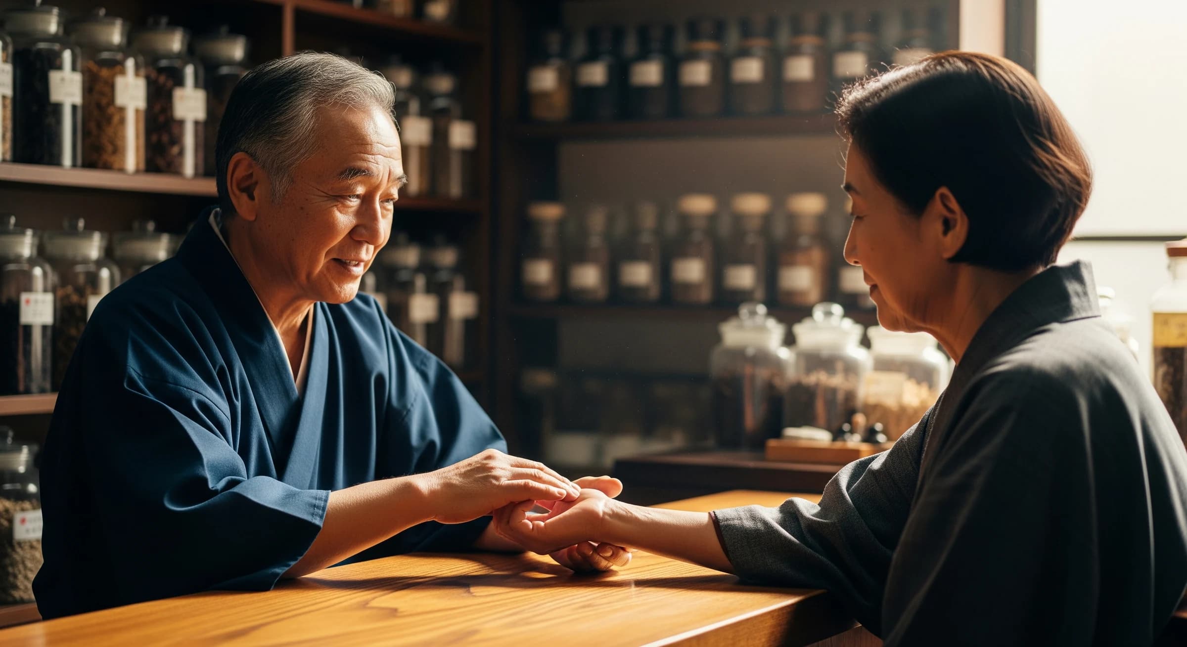 脈診で患者の脈をとる施術